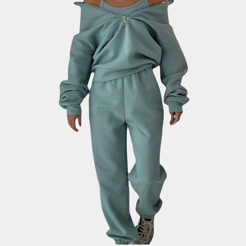 Selma - Langærmet sweatshirt med lynlås og højtaljede bukser todelt sæt Lundbutik