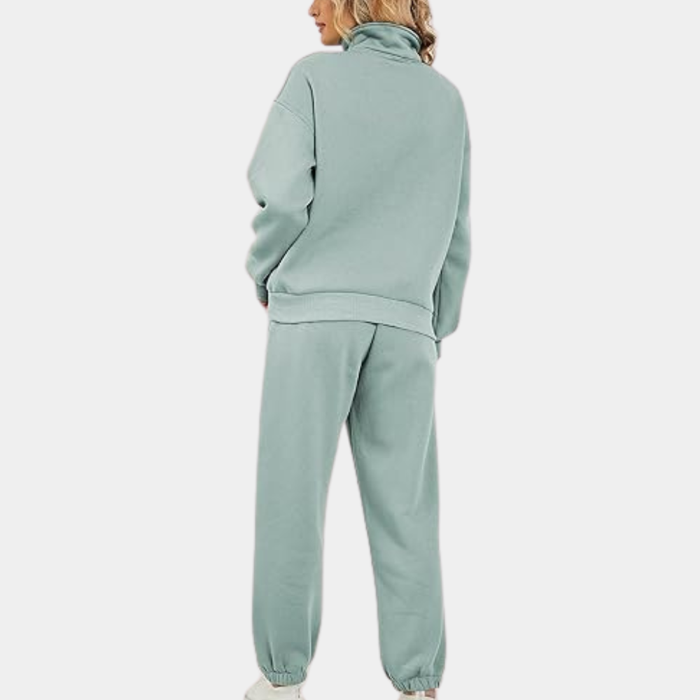 Selma - Langærmet sweatshirt med lynlås og højtaljede bukser todelt sæt Lundbutik