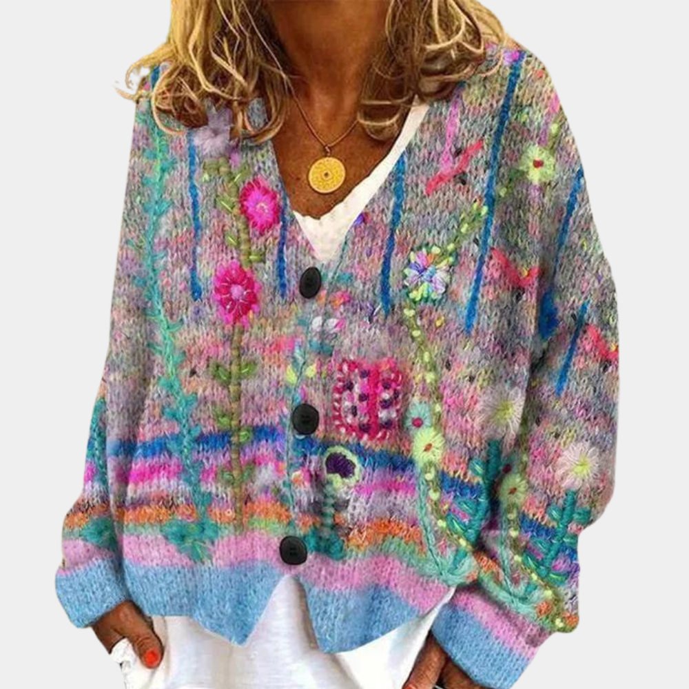 Alana - Looe pasform trøje med V hals langt ærme og knapper Lundbutik