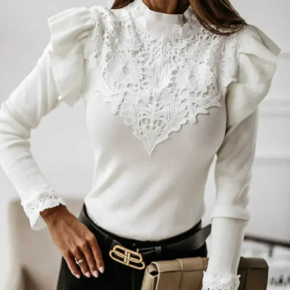 Camilla - Sweater med rund hals flæser og langt ærme-Sweaters-Lundbutik-Hvid-S-Lund Butik
