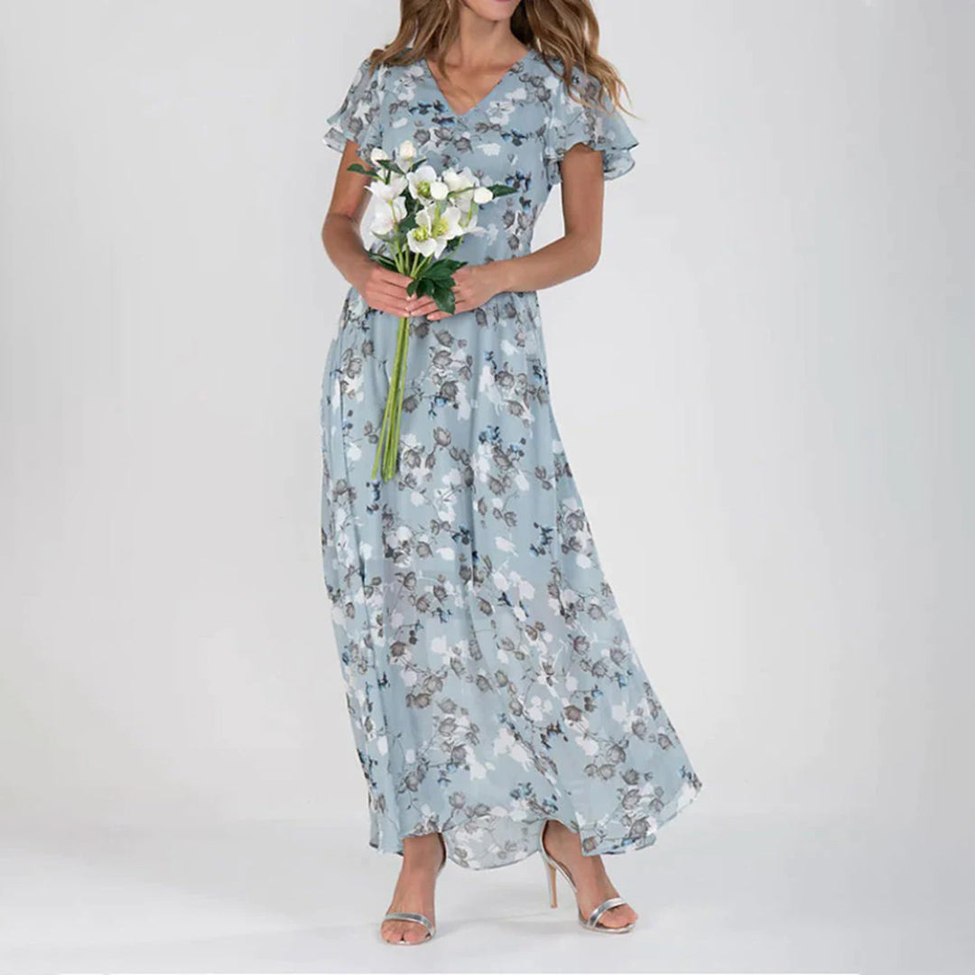 Sabine - Casual lang kjole med blomsterprint og V hals Lundbutik