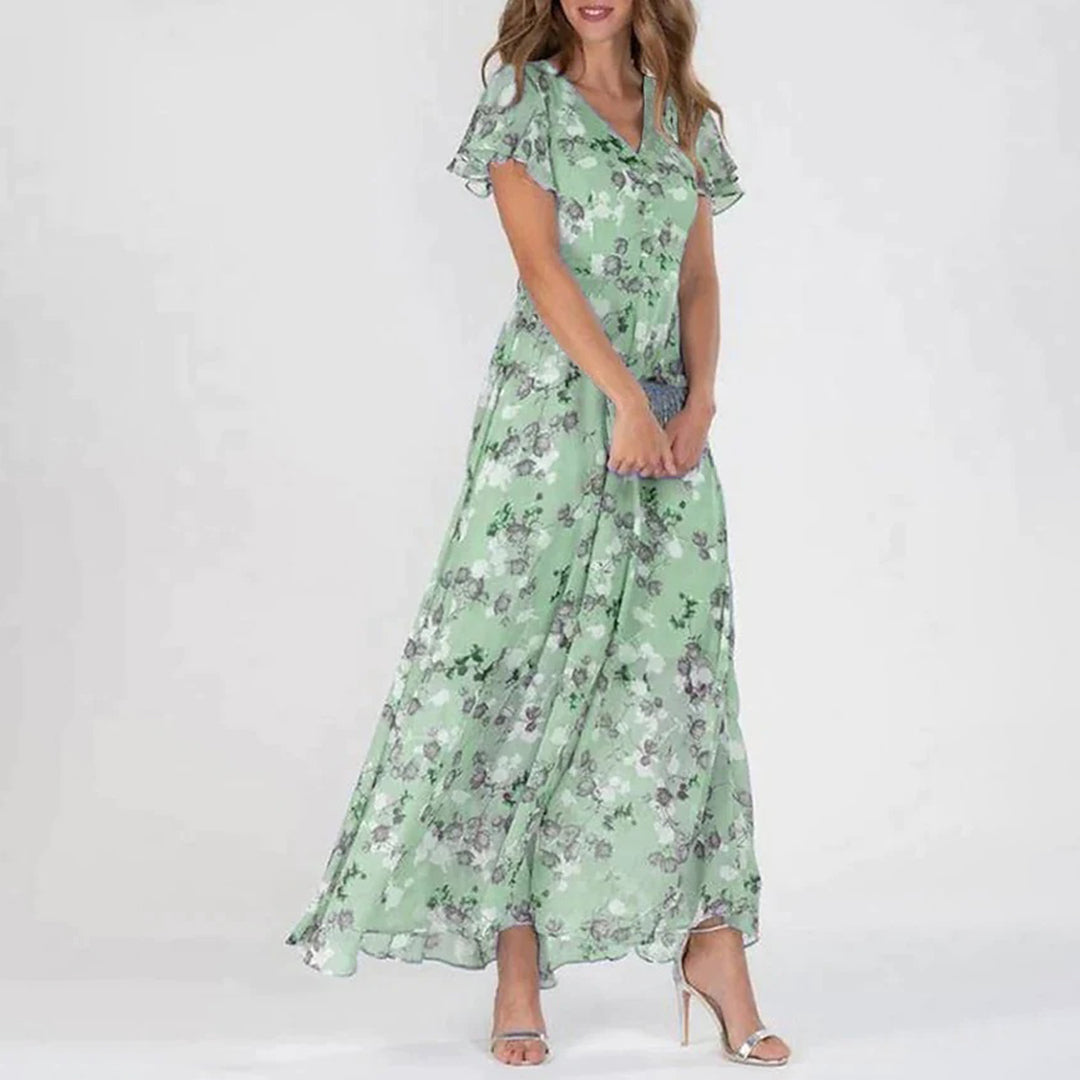 Sabine - Casual lang kjole med blomsterprint og V hals Lundbutik