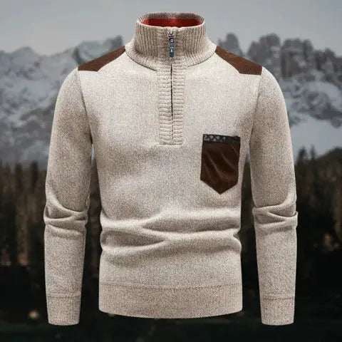 Alwin -Smal pasform Rullekrave Sweater med halv lynlås og lommer-Sweaters-Lundbutik-Beige-M-Lund Butik