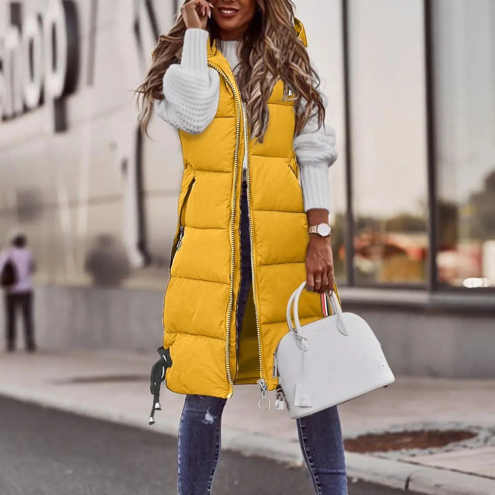 Bente - Hættejakke uden ærmer med lynlås og lynlåslommer-Jackets-Lundbutik-Gul-M-Lund Butik