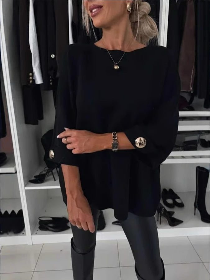 Leni - Casual strikbluse med rund hals langt ærme og knapper Lundbutik