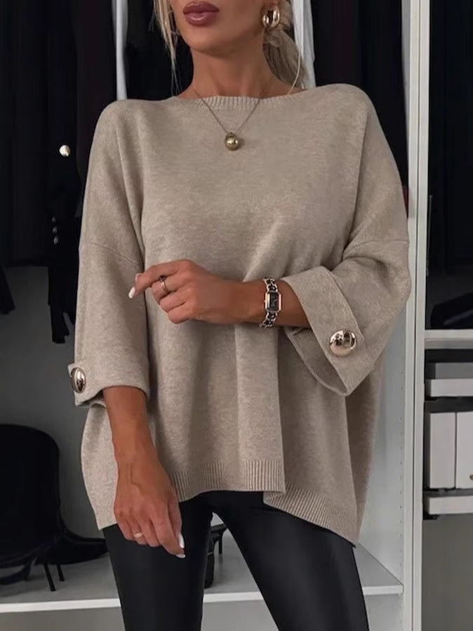 Leni - Casual strikbluse med rund hals langt ærme og knapper Lundbutik