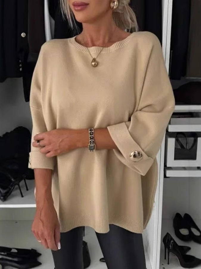 Leni - Casual strikbluse med rund hals langt ærme og knapper Lundbutik