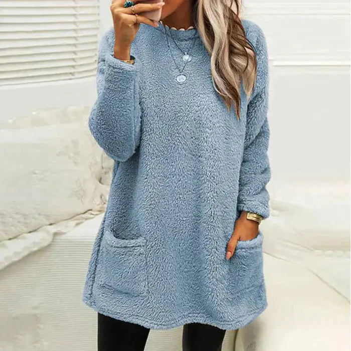 Emma - Casual lang fleecetrøje med rund hals og lommer-Sweaters-Lundbutik-Blå-S-Lund Butik