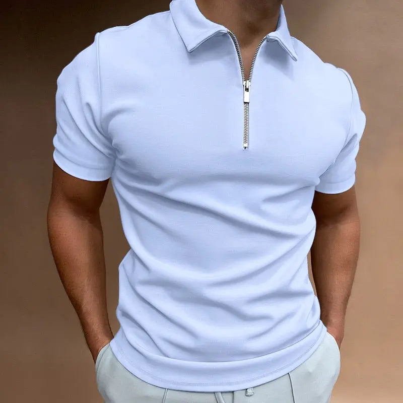 Louis - Smal pasform halværmet poloshirt med lynlås-Clothing-Lundbutik-LysBlå-M-Lund Butik