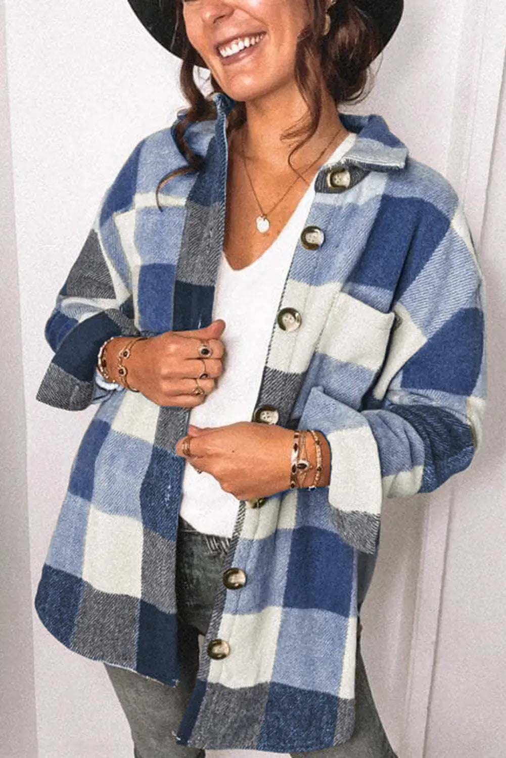 Alma - Casual langærmet ternet skjorte med knapper og lomme-Clothing-Lundbutik-Blå-S-Lund Butik