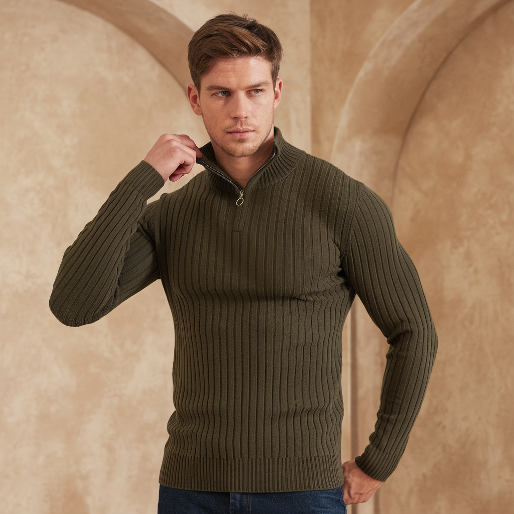 Carl - Ribbet sweater med halv lynlås lange ærmer og smal pasform Lundbutik