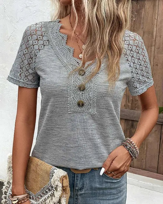 Wilda - Kortærmet Blonde-T-shirt-T-shirts-Lundbutik-Grå-S-Lund Butik