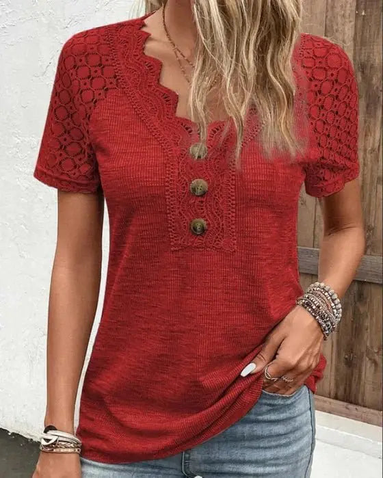 Wilda - Kortærmet Blonde-T-shirt-T-shirts-Lundbutik-Rød-S-Lund Butik