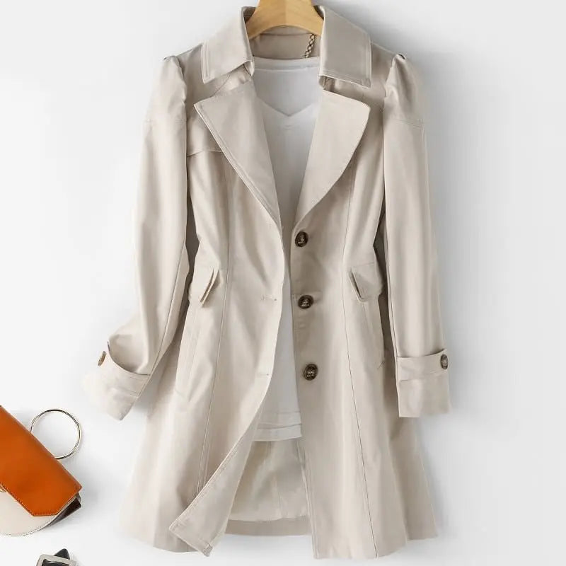 Bella - Langærmet trenchcoat med reverskrave og knapper-Clothing-Lundbutik-Beige-S-Lund Butik