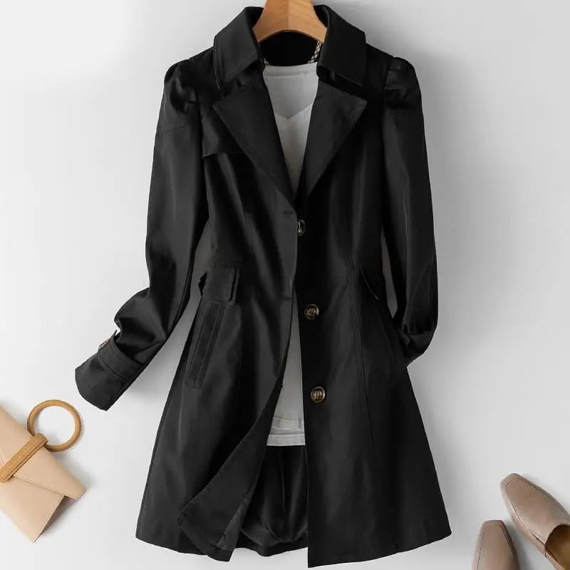 Bella - Langærmet trenchcoat med reverskrave og knapper-Clothing-Lundbutik-Sort-S-Lund Butik