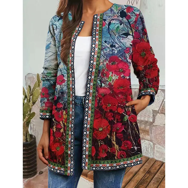 Camilla - Jakke med blomsterprint lange ærmer og lommer-Jackets-Lundbutik-Rød-S-Lund Butik