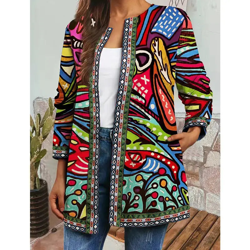 Camilla - Jakke med blomsterprint lange ærmer og lommer-Jackets-Lundbutik-Flerfarvet-S-Lund Butik