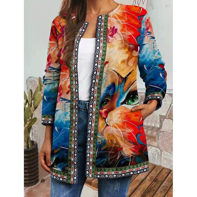 Camilla - Jakke med blomsterprint lange ærmer og lommer-Jackets-Lundbutik-Orange-S-Lund Butik