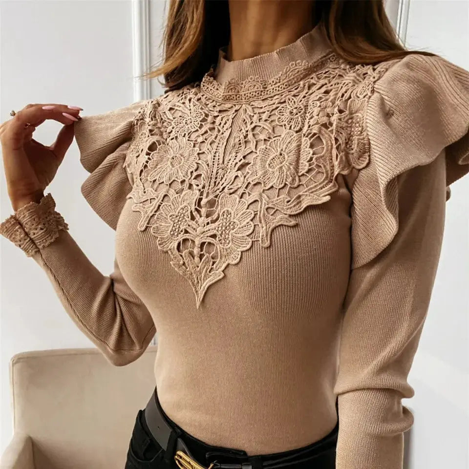 Camilla - Sweater med rund hals flæser og langt ærme-Sweaters-Lundbutik-Lund Butik