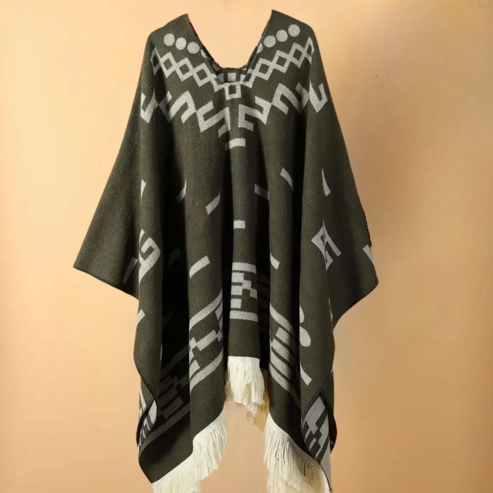 Aiden – Stilfuld poncho med V-udskæring med geometriske mønstre Lundbutik