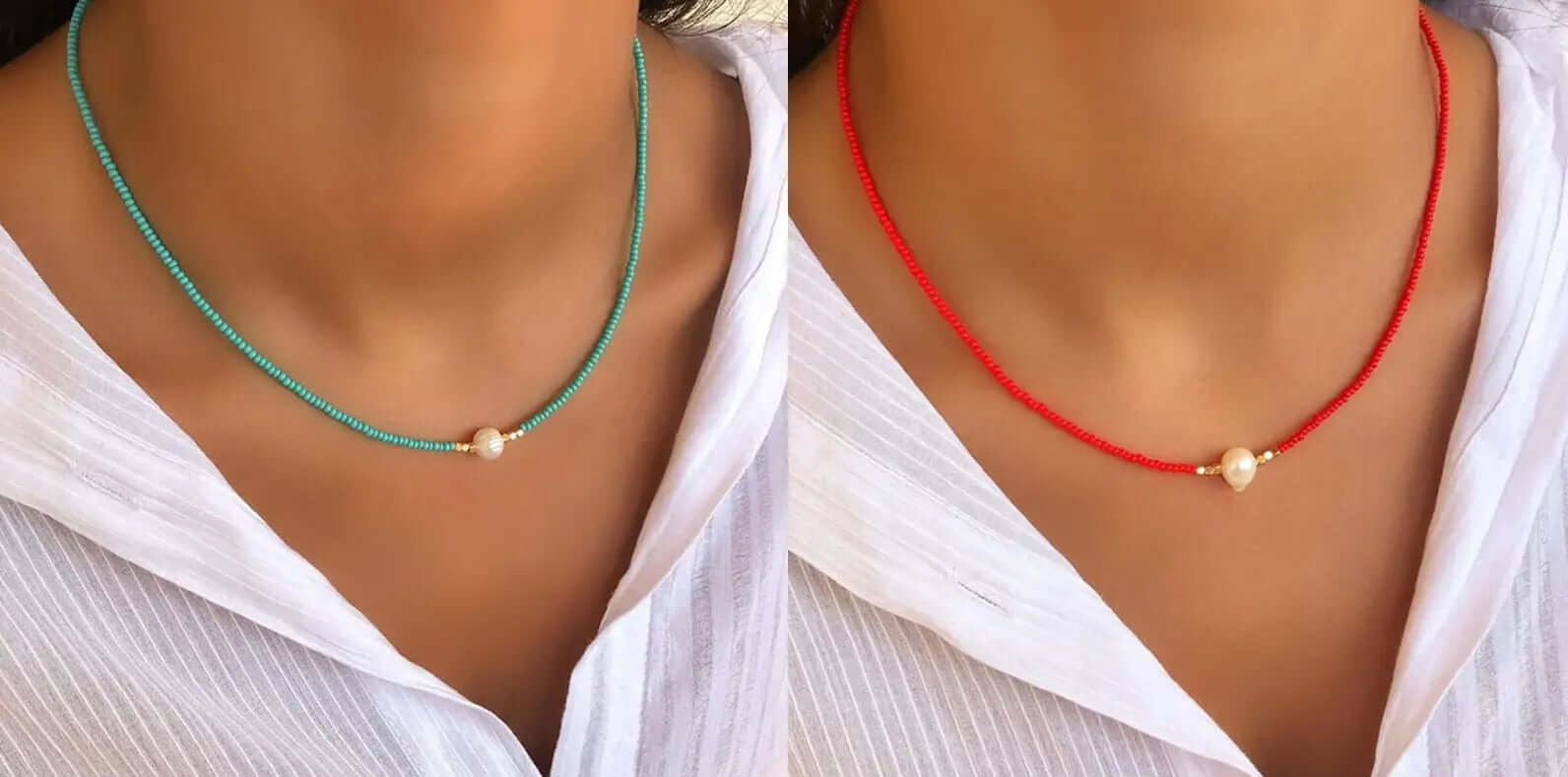 LuxePearl - Elegant halskæde med central perle for tidløs sofistikering og stil-Jewellery-Lundbutik-Turkis + Rød (1+1 gratis)-Lund Butik