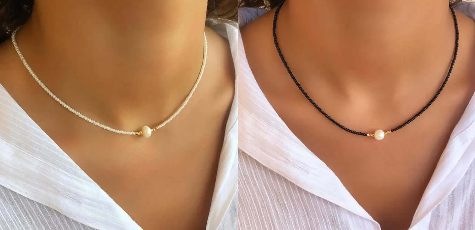 LuxePearl - Elegant halskæde med central perle for tidløs sofistikering og stil-Jewellery-Lundbutik-Sort + Hvid (1+1 gratis)-Lund Butik