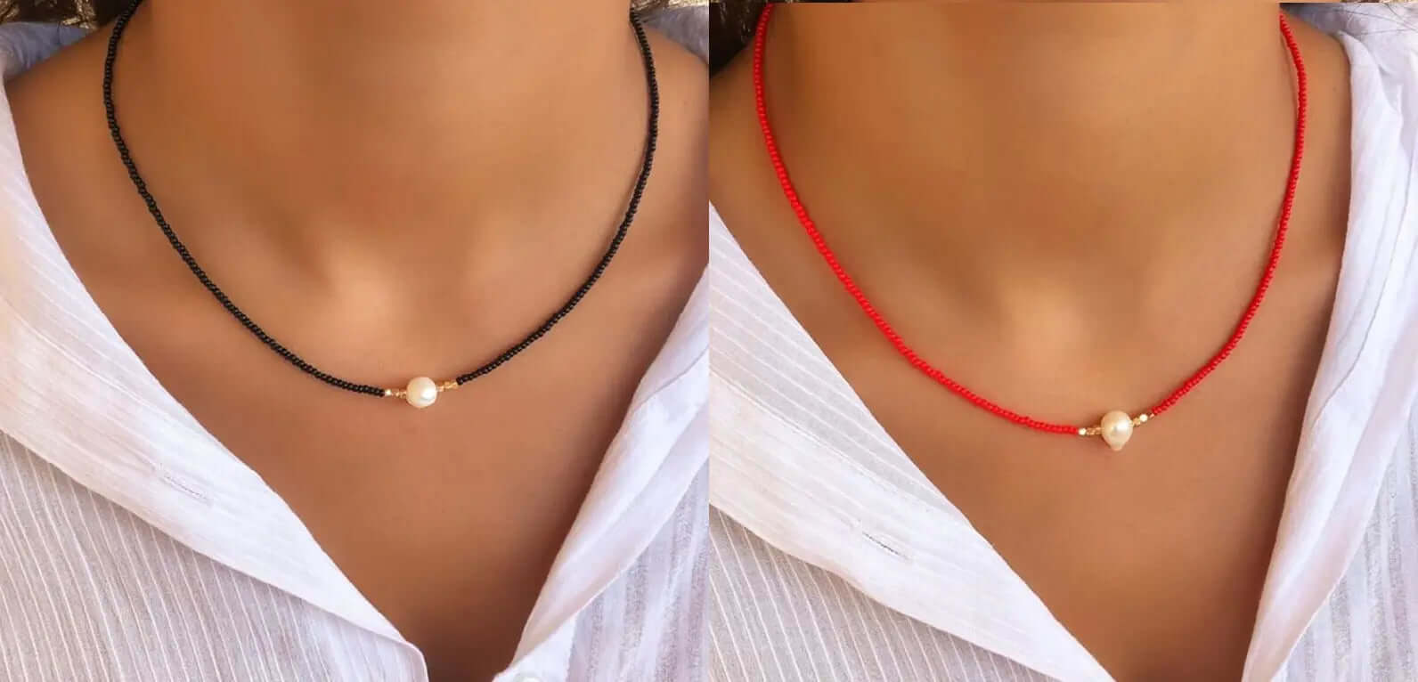 LuxePearl - Elegant halskæde med central perle for tidløs sofistikering og stil-Jewellery-Lundbutik-Sort + Rød (1+1 gratis)-Lund Butik